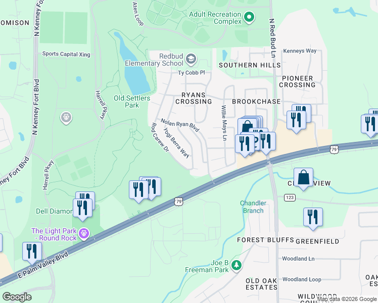map of restaurants, bars, coffee shops, grocery stores, and more near 3528 Roberto Clemente Lane in Round Rock