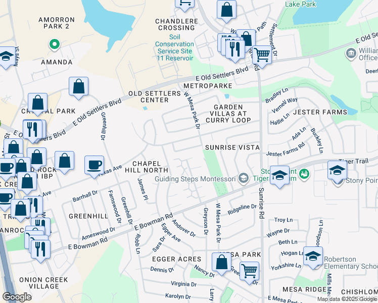map of restaurants, bars, coffee shops, grocery stores, and more near 701 Misty Morning Way in Round Rock