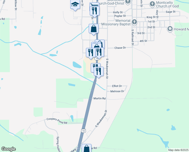 map of restaurants, bars, coffee shops, grocery stores, and more near 1405 South Jefferson Street in Monticello