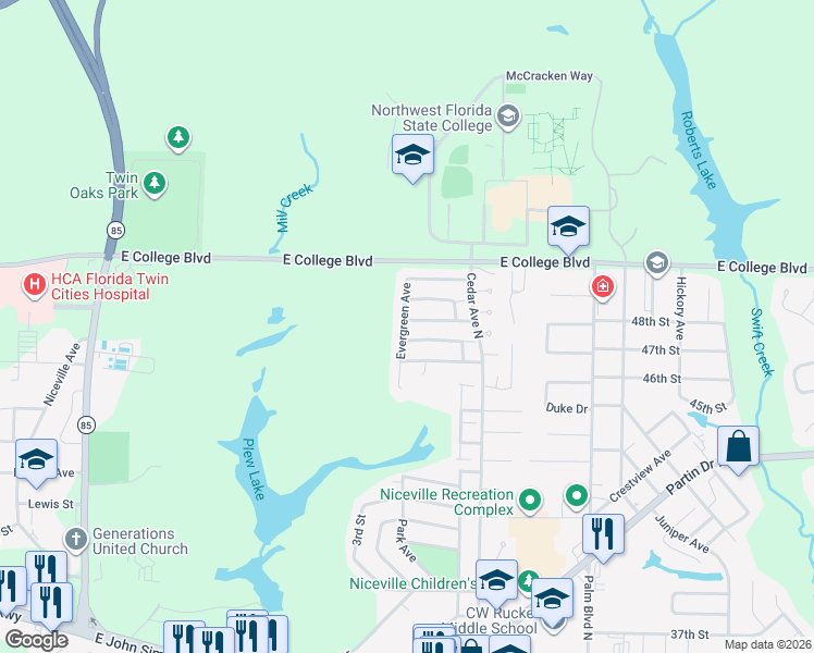 map of restaurants, bars, coffee shops, grocery stores, and more near 3764 Peachtree Way in Niceville