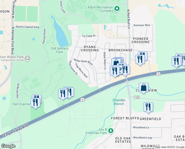 map of restaurants, bars, coffee shops, grocery stores, and more near 3630 Nolan Ryan Boulevard in Round Rock