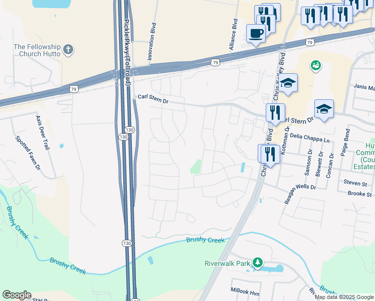 map of restaurants, bars, coffee shops, grocery stores, and more near 305 Cyril Drive in Hutto