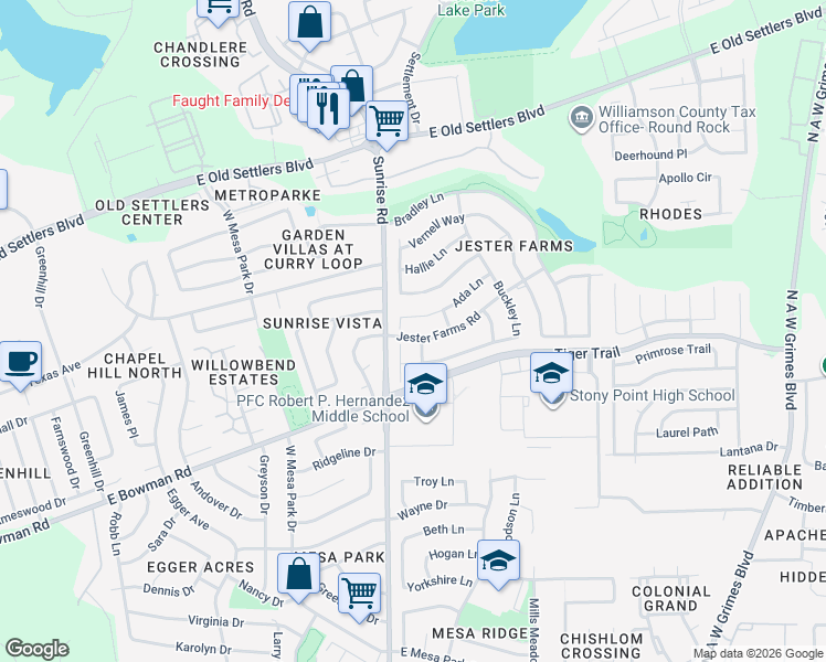 map of restaurants, bars, coffee shops, grocery stores, and more near 2105 Jester Farms Road in Round Rock