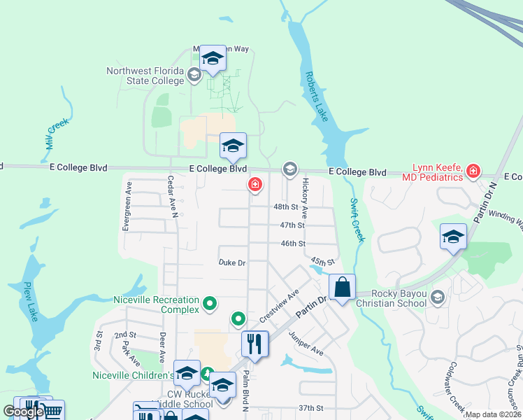 map of restaurants, bars, coffee shops, grocery stores, and more near 900 48th Street in Niceville