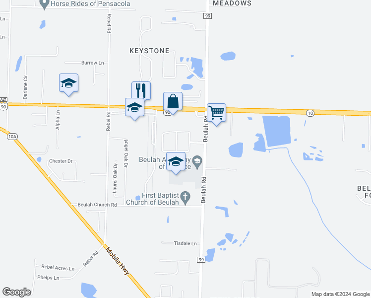 map of restaurants, bars, coffee shops, grocery stores, and more near 8793 Blake Evan Circle in Pensacola