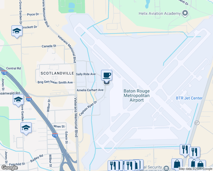 map of restaurants, bars, coffee shops, grocery stores, and more near 3422 Drusilla Lane in Baker