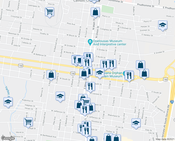 map of restaurants, bars, coffee shops, grocery stores, and more near 209 South Main Street in Opelousas