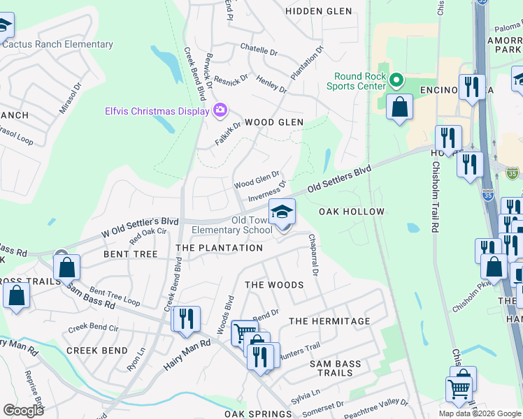 map of restaurants, bars, coffee shops, grocery stores, and more near 2799 West Old Settler's Boulevard in Round Rock