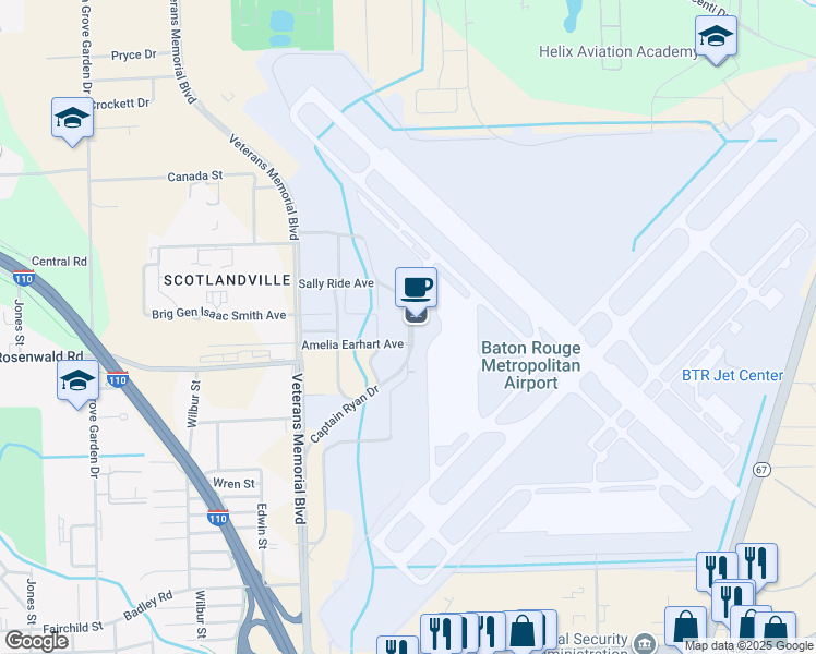 map of restaurants, bars, coffee shops, grocery stores, and more near 3422 Drusilla Lane in Baker