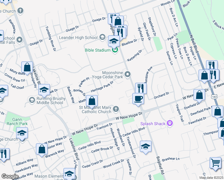 map of restaurants, bars, coffee shops, grocery stores, and more near 2201 Chance Cove in Cedar Park