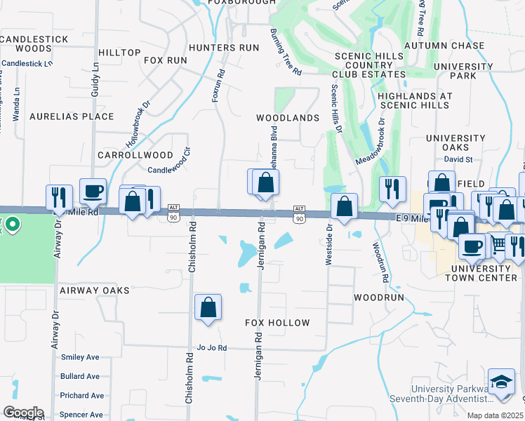 map of restaurants, bars, coffee shops, grocery stores, and more near 8560 Sunnehanna Boulevard in Pensacola