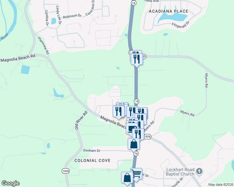 map of restaurants, bars, coffee shops, grocery stores, and more near 31855 Louisiana 16 in Denham Springs