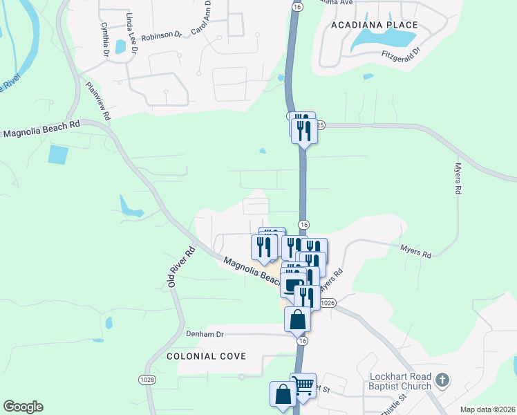 map of restaurants, bars, coffee shops, grocery stores, and more near 31855 Louisiana 16 in Denham Springs
