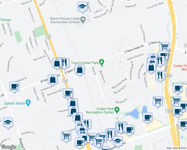 map of restaurants, bars, coffee shops, grocery stores, and more near 1811 Main St in Cedar Park