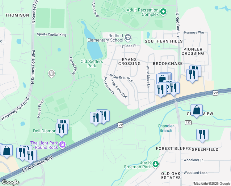 map of restaurants, bars, coffee shops, grocery stores, and more near 3337 Rod Carew Drive in Round Rock