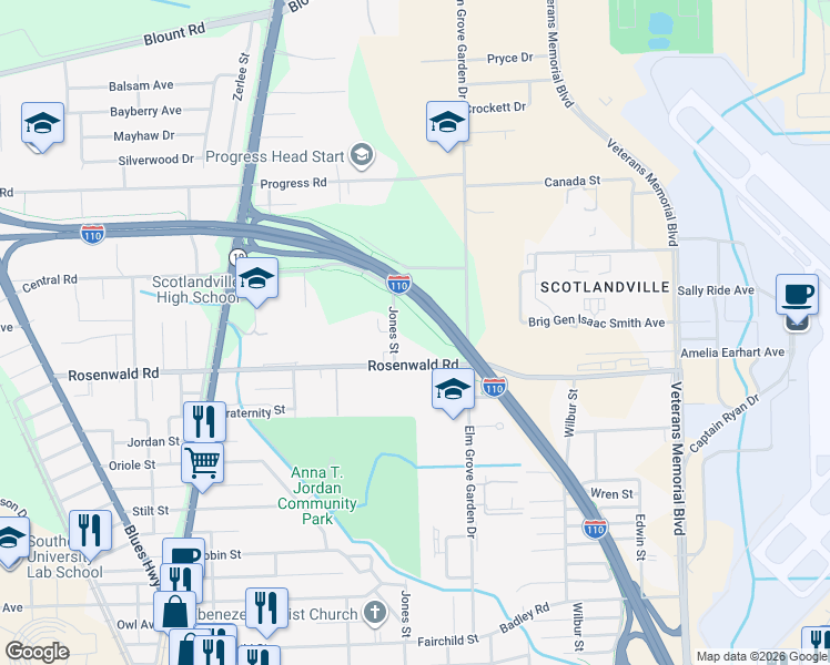 map of restaurants, bars, coffee shops, grocery stores, and more near 9552 Jones Street in Baton Rouge