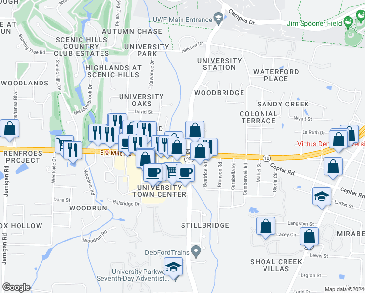 map of restaurants, bars, coffee shops, grocery stores, and more near 1898 East 9 Mile Road in Pensacola