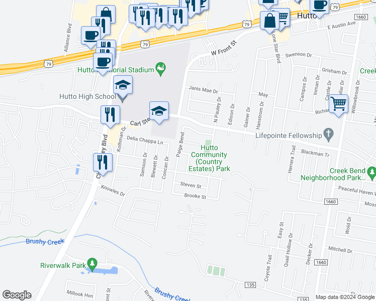 map of restaurants, bars, coffee shops, grocery stores, and more near 302 Will Lane in Hutto