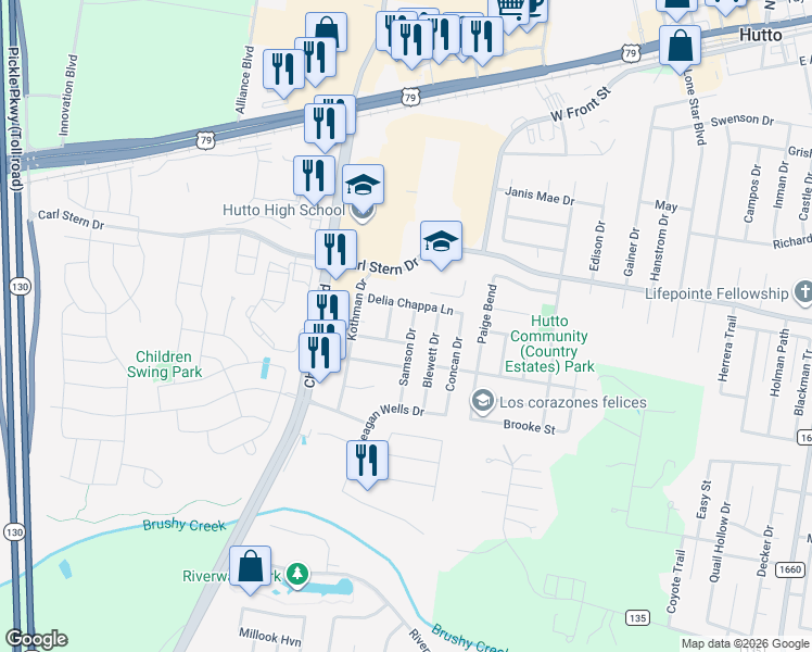 map of restaurants, bars, coffee shops, grocery stores, and more near 1110 Blewett Drive in Hutto