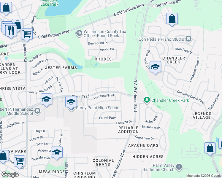 map of restaurants, bars, coffee shops, grocery stores, and more near 1902 Matagorda Drive in Round Rock