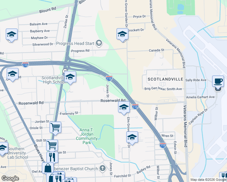 map of restaurants, bars, coffee shops, grocery stores, and more near 9552 Jones Street in Baton Rouge