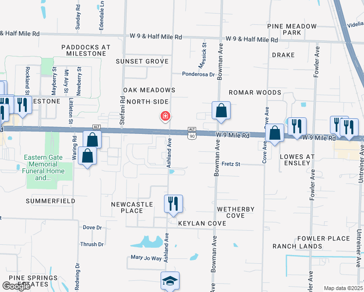 map of restaurants, bars, coffee shops, grocery stores, and more near 1371 West 9 Mile Road in Pensacola