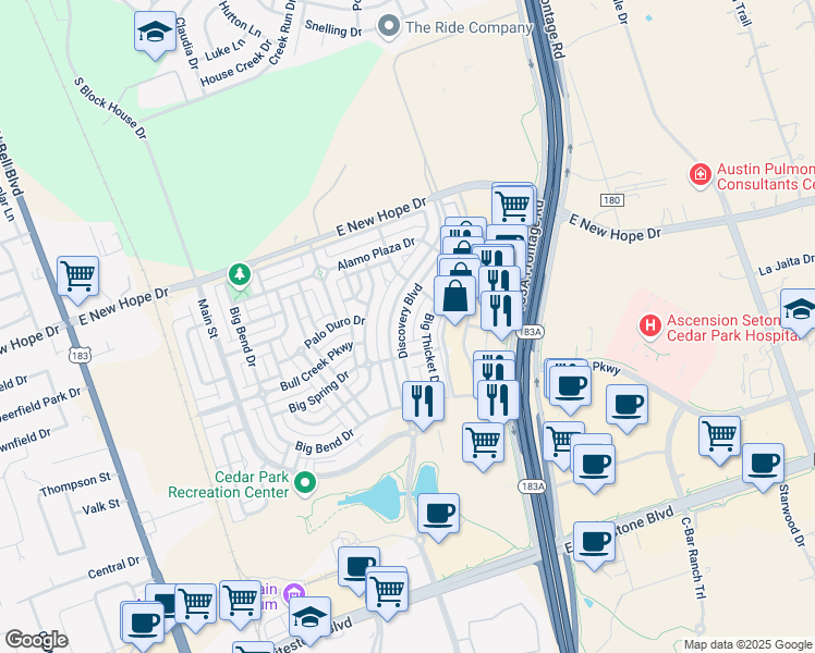 map of restaurants, bars, coffee shops, grocery stores, and more near 1610 Discovery Boulevard in Cedar Park