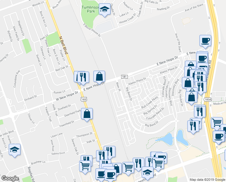 map of restaurants, bars, coffee shops, grocery stores, and more near 1825 Lost Maples Loop in Cedar Park