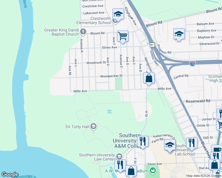 map of restaurants, bars, coffee shops, grocery stores, and more near 393 Mills Avenue in Baton Rouge