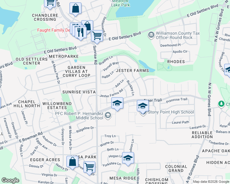 map of restaurants, bars, coffee shops, grocery stores, and more near 2122 Jester Farms Road in Round Rock