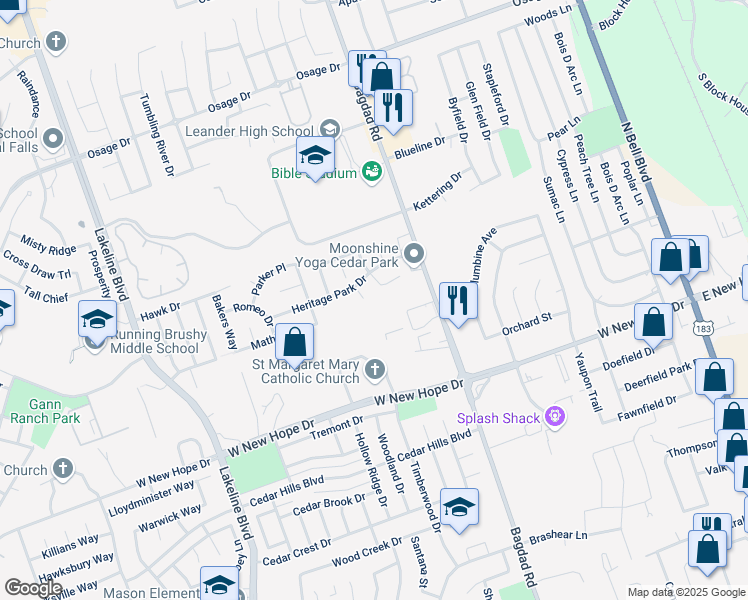 map of restaurants, bars, coffee shops, grocery stores, and more near 2201 Chance Cove in Cedar Park