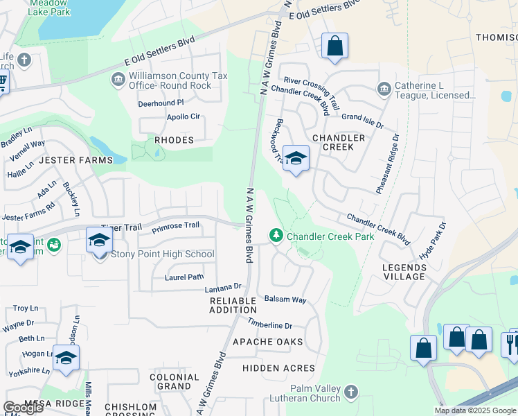 map of restaurants, bars, coffee shops, grocery stores, and more near 2301 North A W Grimes Boulevard in Round Rock