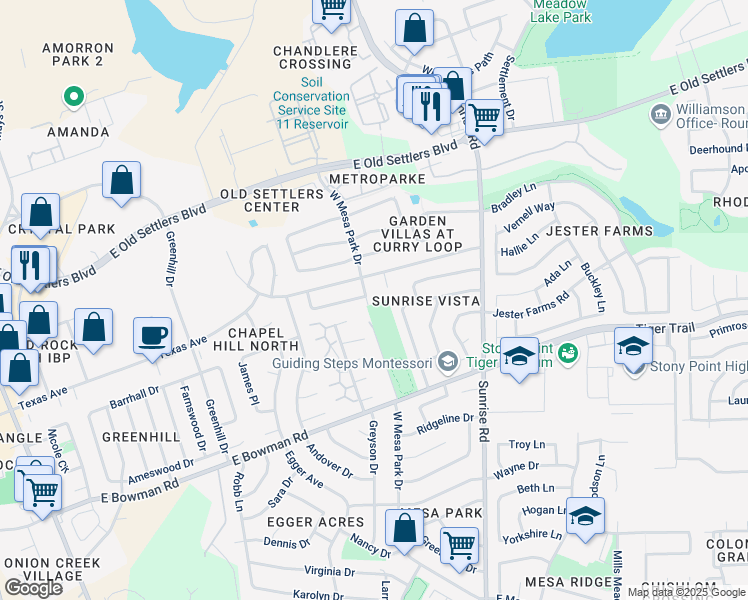 map of restaurants, bars, coffee shops, grocery stores, and more near 2301 West Mesa Park Drive in Round Rock