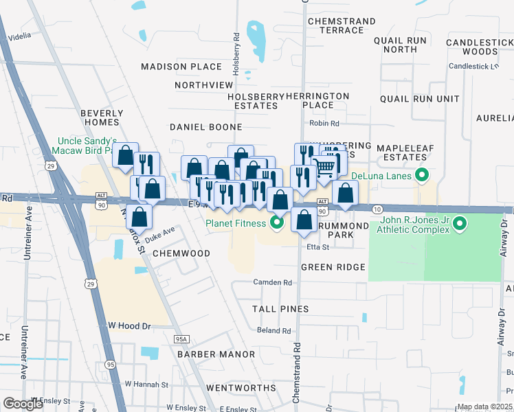map of restaurants, bars, coffee shops, grocery stores, and more near 203 Florida 10 in Pensacola