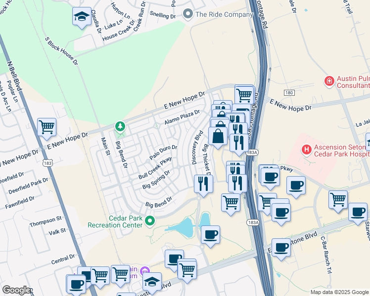 map of restaurants, bars, coffee shops, grocery stores, and more near 1609 Discovery Boulevard in Cedar Park