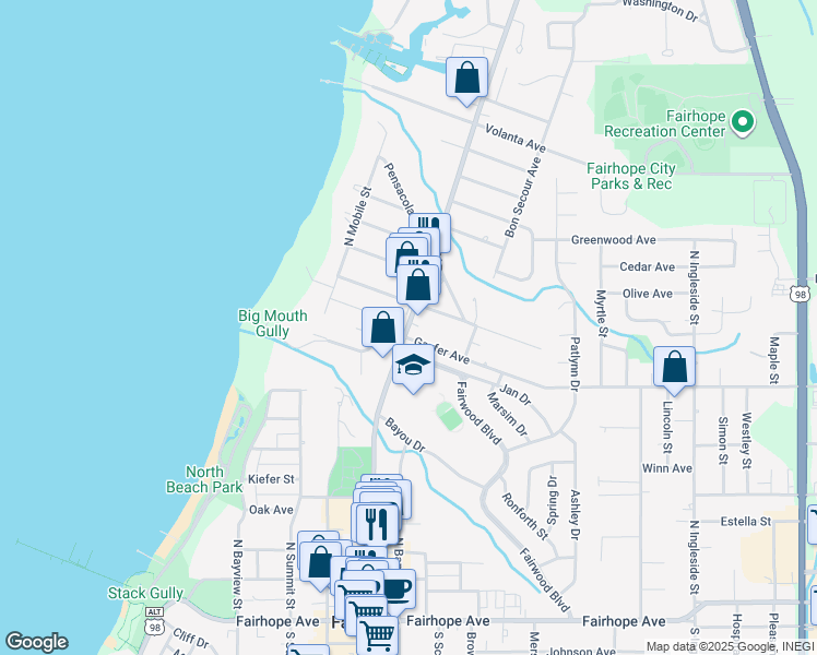 map of restaurants, bars, coffee shops, grocery stores, and more near 408 North Section Street in Fairhope