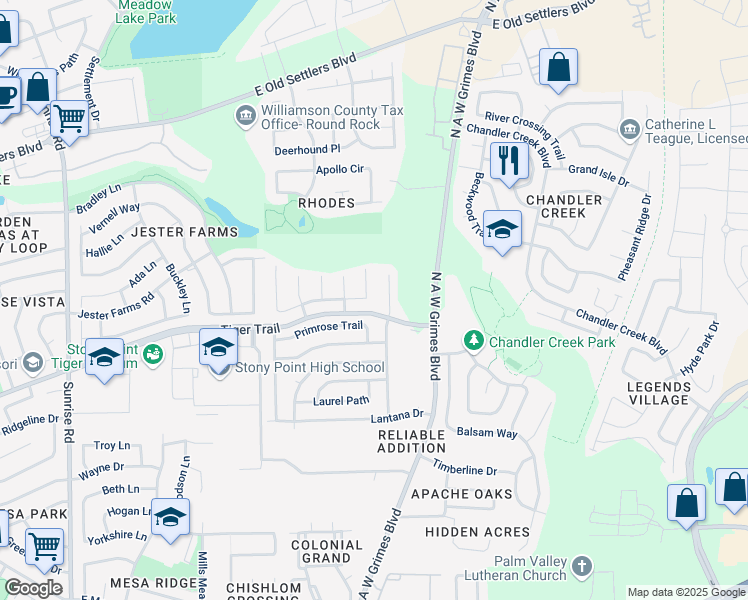 map of restaurants, bars, coffee shops, grocery stores, and more near 1912 Matagorda Drive in Round Rock