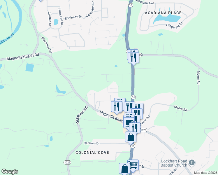 map of restaurants, bars, coffee shops, grocery stores, and more near 27127 Louisiana 16 in Denham Springs