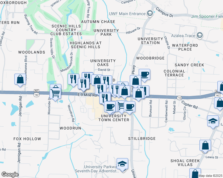 map of restaurants, bars, coffee shops, grocery stores, and more near 1878 East 9 Mile Road in Pensacola