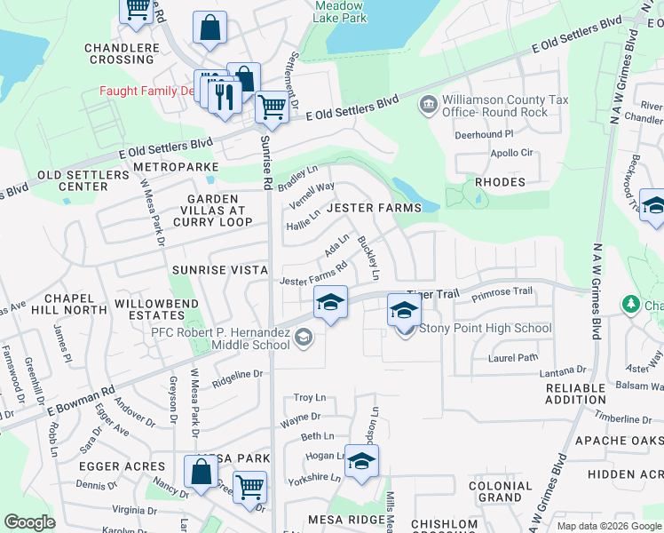 map of restaurants, bars, coffee shops, grocery stores, and more near 2122 Jester Farms Road in Round Rock