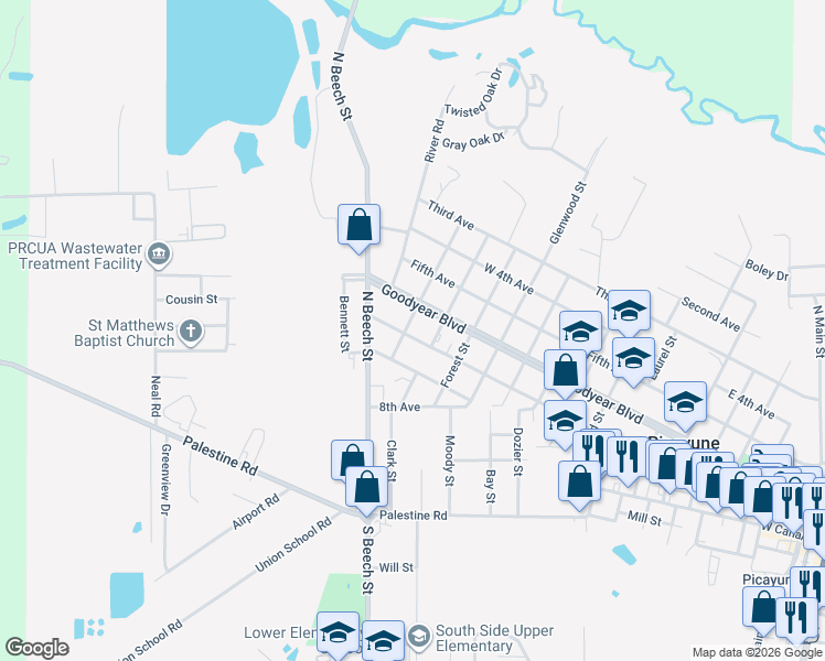 map of restaurants, bars, coffee shops, grocery stores, and more near 1501-1599 6th Avenue in Picayune