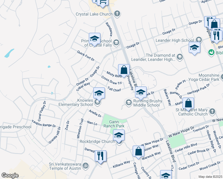 map of restaurants, bars, coffee shops, grocery stores, and more near 1822 Tall Chief in Leander