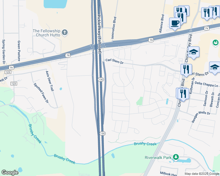 map of restaurants, bars, coffee shops, grocery stores, and more near 613 Mangold Drive in Hutto
