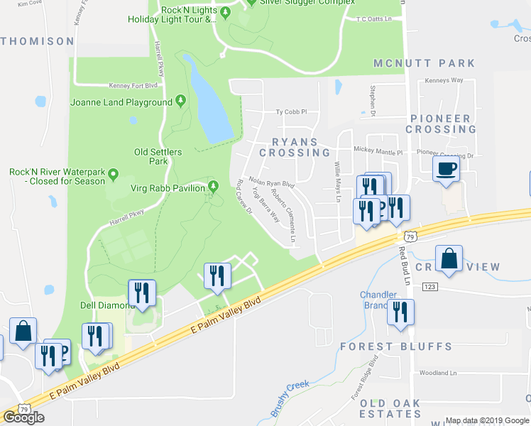 map of restaurants, bars, coffee shops, grocery stores, and more near 3442 Yogi Berra Way in Round Rock