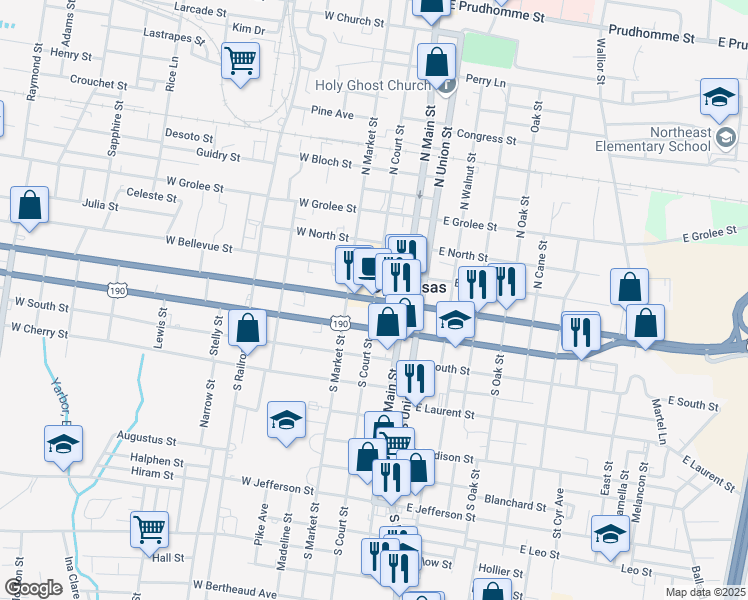 map of restaurants, bars, coffee shops, grocery stores, and more near 162 South Court Street in Opelousas
