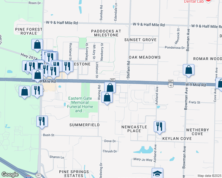 map of restaurants, bars, coffee shops, grocery stores, and more near 1700 West 9 Mile Road in Pensacola