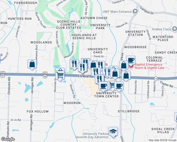 map of restaurants, bars, coffee shops, grocery stores, and more near 9516 Hillview Drive in Pensacola
