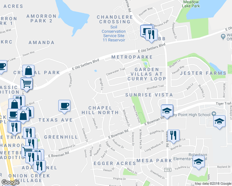 map of restaurants, bars, coffee shops, grocery stores, and more near 2294 Misty Morning Way in Round Rock