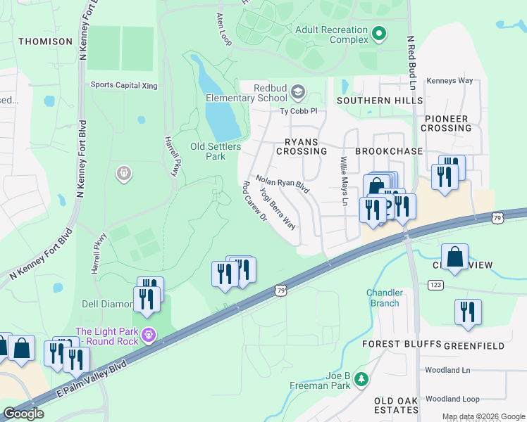 map of restaurants, bars, coffee shops, grocery stores, and more near 3337 Rod Carew Drive in Round Rock