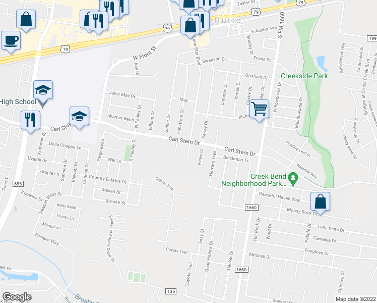 map of restaurants, bars, coffee shops, grocery stores, and more near Lone Star Court in Hutto